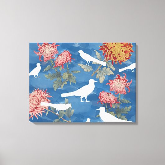 Blauwe Waterverf  bloemen en vogels Canvas Afdruk (Voorkant)