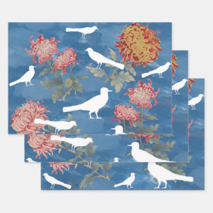 Blauwe Waterverf bloemen en vogels Inpakpapier Vel