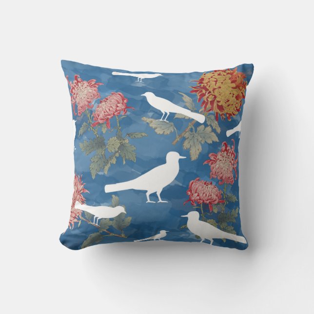 Blauwe Waterverf  bloemen en vogels Kussen (Voorkant)