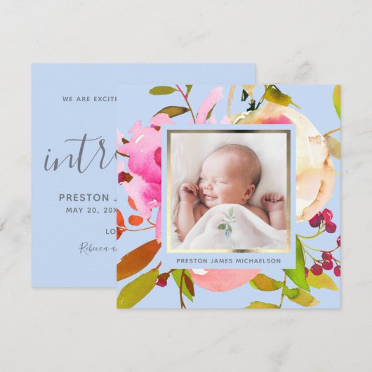 Blauwe Waterverf Bloemen Foto Geboorteaankondiging Kaart (Voorkant / Achterkant)