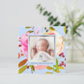 Blauwe Waterverf Bloemen Foto Geboorteaankondiging Kaart (Staand voorkant)