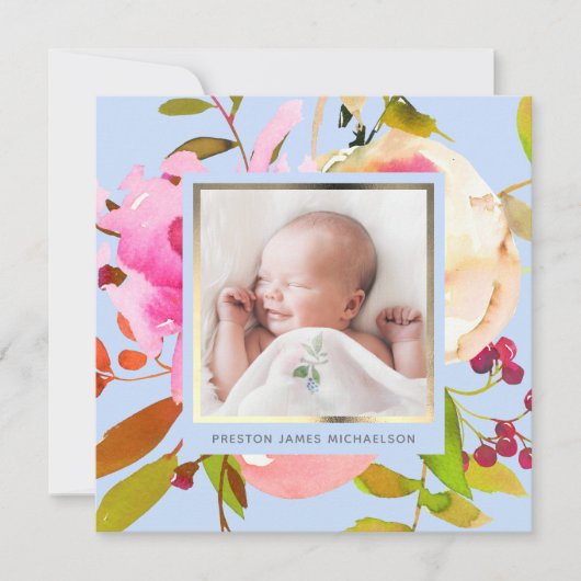 Blauwe Waterverf Bloemen Foto Geboorteaankondiging Kaart (Voorkant)