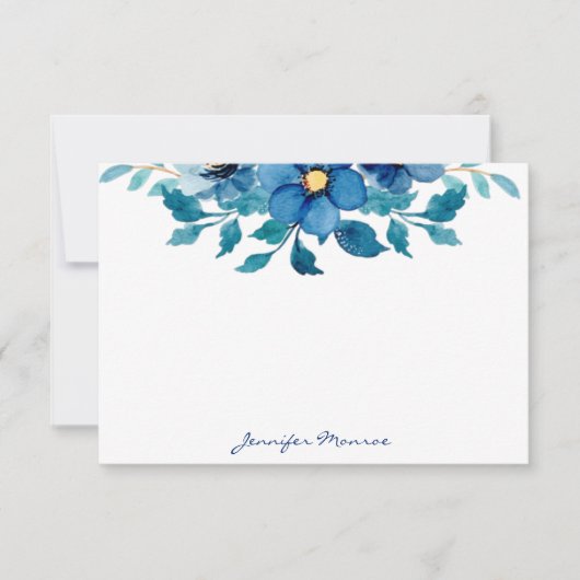 Blauwe waterverf bloemen gepersonaliseerd notitiekaartje (Voorkant)
