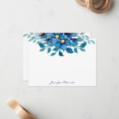 Blauwe waterverf bloemen gepersonaliseerd notitiekaartje (Voorkant / Achterkant in situ)