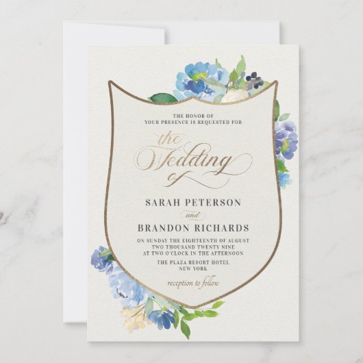 Blauwe Waterverf Bloemen  Gold Crest Wedding Kaart (Voorkant)
