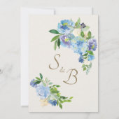Blauwe Waterverf Bloemen  Gold Crest Wedding Kaart (Achterkant)
