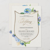 Blauwe Waterverf Bloemen  Gold Crest Wedding Kaart (Voorkant / Achterkant)