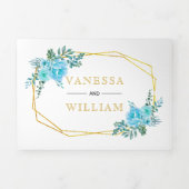 Blauwe waterverf bloemen, gouden geometrische brui drieluik uitnodiging (Cover)