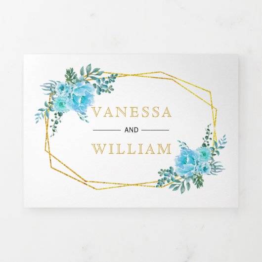Blauwe waterverf bloemen, gouden geometrische brui drieluik uitnodiging (Cover)