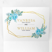 Blauwe waterverf bloemen, gouden geometrische brui drieluik uitnodiging (Binnenzijde eerst)