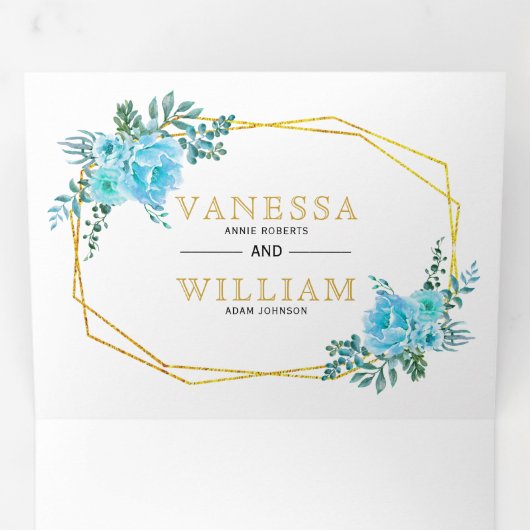 Blauwe waterverf bloemen, gouden geometrische brui drieluik uitnodiging (Binnenzijde eerst)