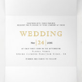 Blauwe waterverf bloemen, gouden geometrische brui drieluik uitnodiging (Binnenkant midden)