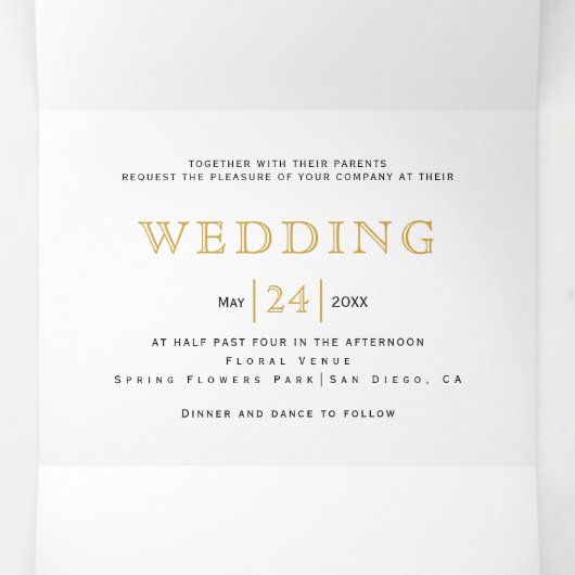 Blauwe waterverf bloemen, gouden geometrische brui drieluik uitnodiging (Binnenkant midden)