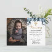 Blauwe Waterverf Bloemen Gouden Jongen Foto Doopse Kaart (Staand voorkant)