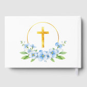 Blauwe waterverf bloemen, gouden kruisjongen doop gastenboek (Achterkant)