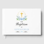 Blauwe waterverf bloemen, gouden kruisjongen doop gastenboek (Voorkant)