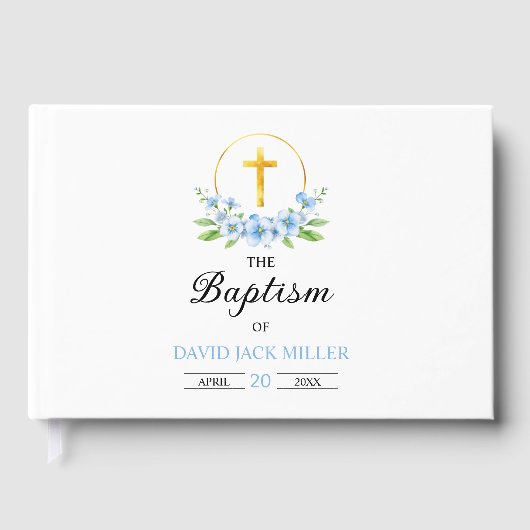 Blauwe waterverf bloemen, gouden kruisjongen doop gastenboek (Voorkant)