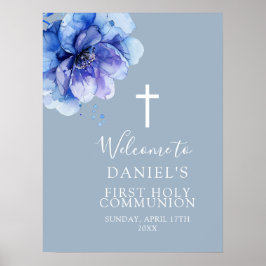 Blauwe Waterverf Bloemen Heilig Avondmaal Welkomst Poster