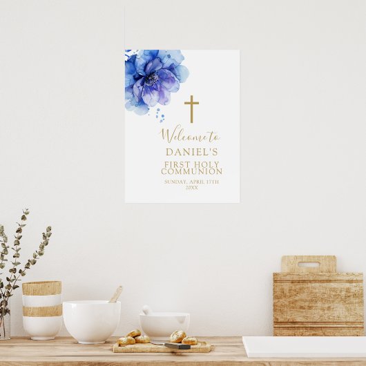 Blauwe Waterverf Bloemen Heilig Avondmaal Welkomst Poster (Keuken)