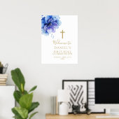 Blauwe Waterverf Bloemen Heilig Avondmaal Welkomst Poster (Thuiskantoor)