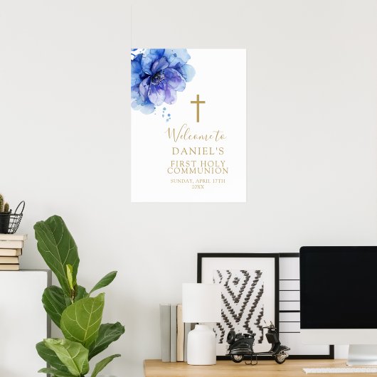 Blauwe Waterverf Bloemen Heilig Avondmaal Welkomst Poster (Thuiskantoor)