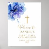Blauwe Waterverf Bloemen Heilig Avondmaal Welkomst Poster (Voorkant)