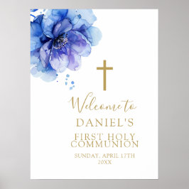 Blauwe Waterverf Bloemen Heilig Avondmaal Welkomst Poster