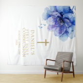 Blauwe Waterverf Bloemen Heilige Communie Achtergr Wandkleed (In Situ (horizontaal))