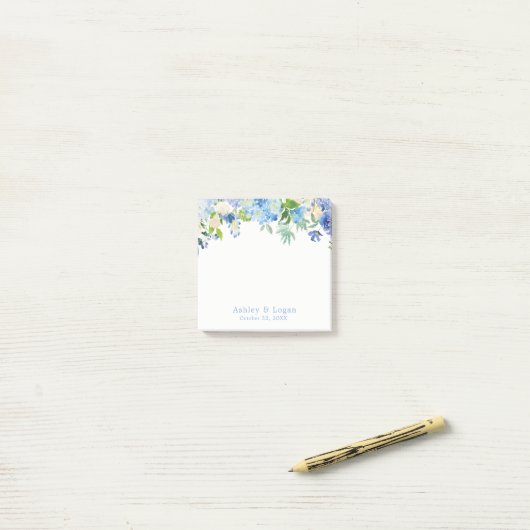 Blauwe Waterverf Bloemen hortensia Trouwnotities Post-it® Notes (Op bureau)