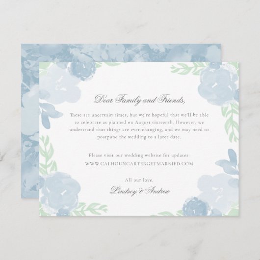Blauwe Waterverf Bloemen Huwelijk Uitstelkaart Informatiekaartje (Voorkant / Achterkant)