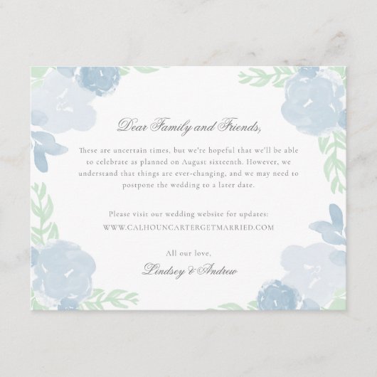 Blauwe Waterverf Bloemen Huwelijk Uitstelkaart Informatiekaartje (Voorkant)