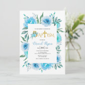 Blauwe waterverf bloemen jongen bloemendoop kaart (Staand voorkant)