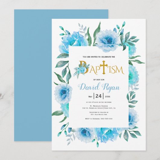 Blauwe waterverf bloemen jongen bloemendoop kaart (Voorkant / Achterkant)