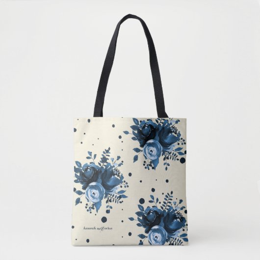Blauwe Waterverf Bloemen met Stippen en Naam toevo Tote Bag (Voorkant)