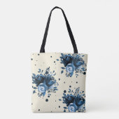 Blauwe Waterverf Bloemen met Stippen en Naam toevo Tote Bag (Achterkant)