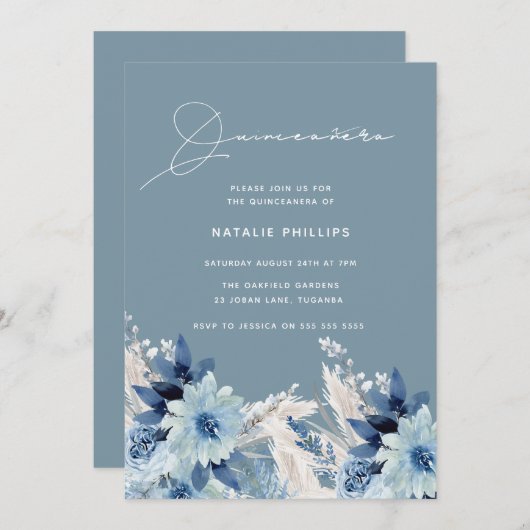 Blauwe Waterverf Bloemen Modern Quinceañera Party Kaart (Voorkant / Achterkant)