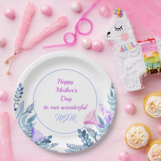 Blauwe Waterverf bloemen Moederdag Papieren Bordje (Feest)