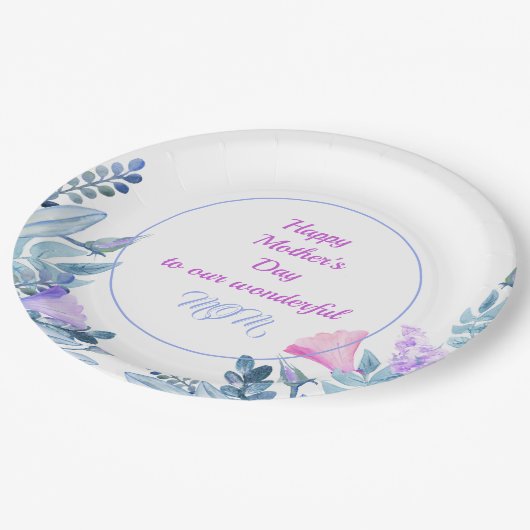 Blauwe Waterverf bloemen Moederdag Papieren Bordje (Gekanteld)