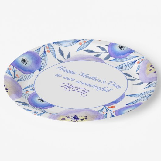 Blauwe Waterverf bloemen Moederdag Papieren Bordje (Gekanteld)