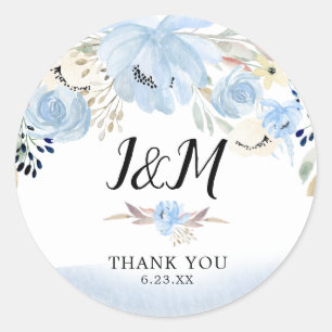 Blauwe Waterverf Bloemen Monogram Bruiloft Favor Ronde Sticker