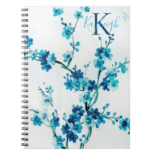 Blauwe Waterverf bloemen | Monogrammen Notitieboek (Voorkant)