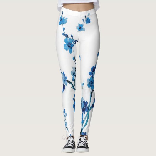 Blauwe Waterverf bloemen mooi Leggings (Voorkant)