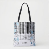 Blauwe waterverf Bloemen muzieknoten Piano Tote Bag (Voorkant)