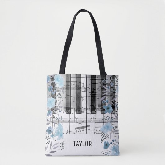 Blauwe waterverf Bloemen muzieknoten Piano Tote Bag (Voorkant)