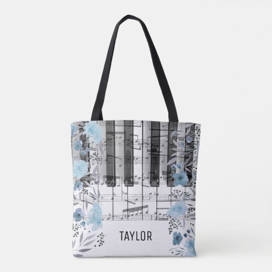 Blauwe waterverf Bloemen muzieknoten Piano Tote Bag (Achterkant)