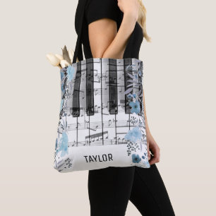 blauwe waterverf bloemen muzieknoten piano tote bag