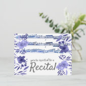 Blauwe waterverf Bloemen Muziekrecital Kaart (Staand voorkant)