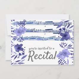 Blauwe waterverf Bloemen Muziekrecital Kaart
