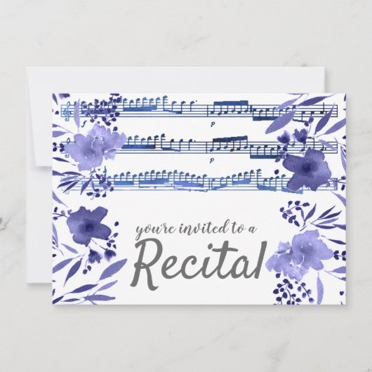 Blauwe waterverf Bloemen Muziekrecital Kaart (Voorkant)