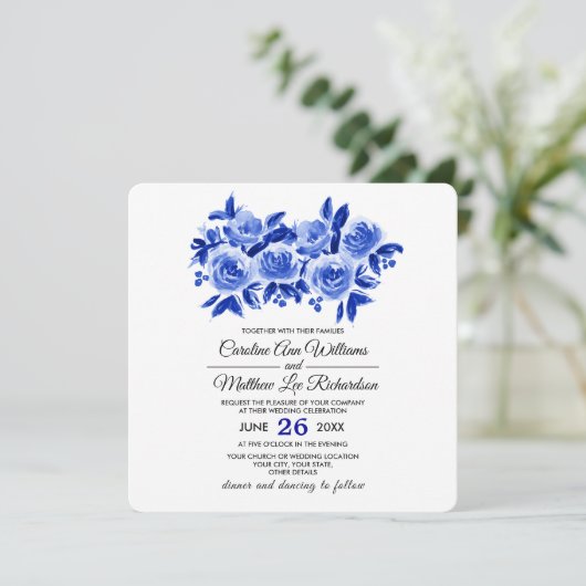 Blauwe Waterverf Bloemen Ontwerp Bruiloft Uitnodig Kaart (Staand voorkant)